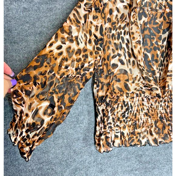 Leopard Blouse Womens Small Cropped Ruched Black Gold Tan Safari Boho Hippie - Picture 2 of 6